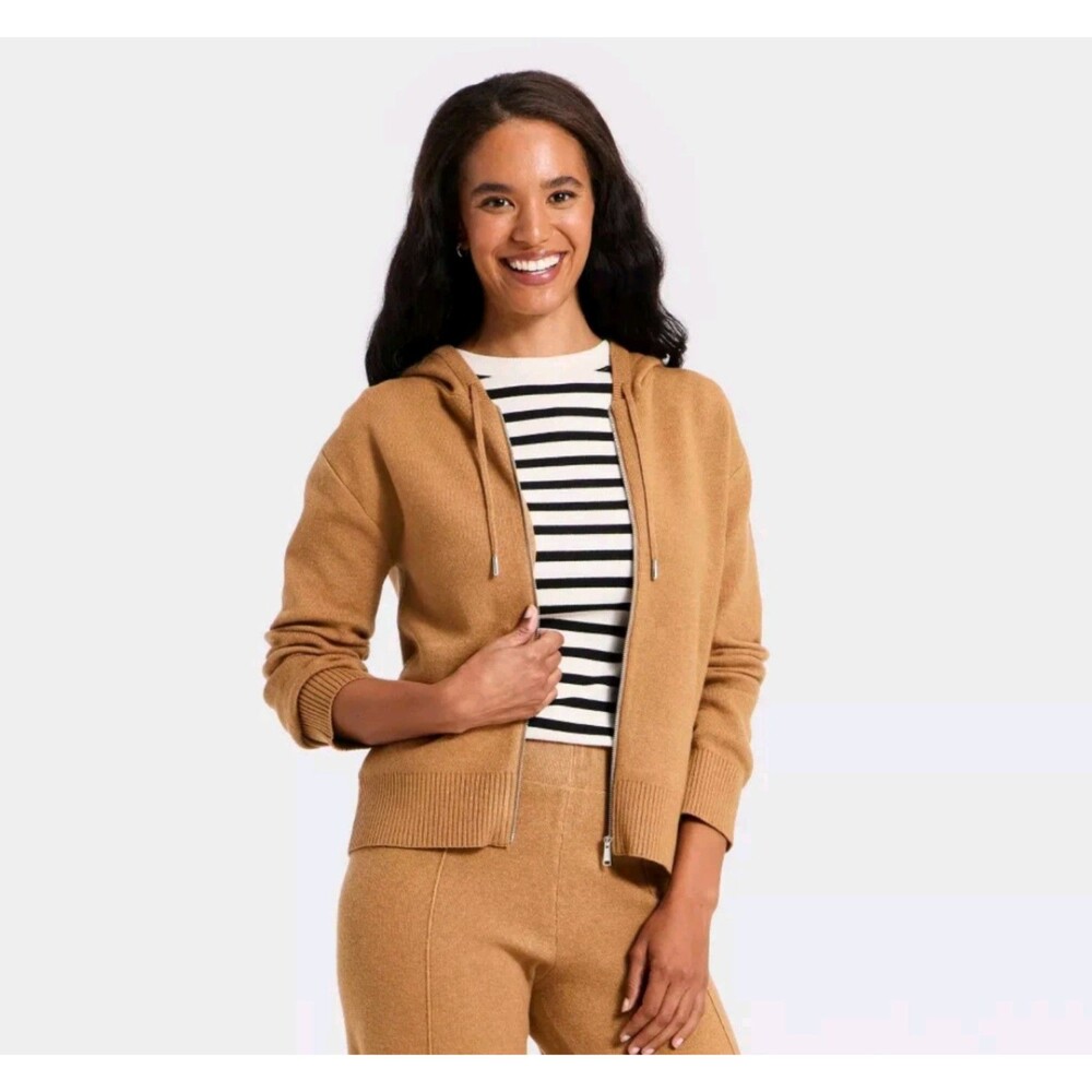 Women's A New Day Hooded Zip Up Sweater Brown XS